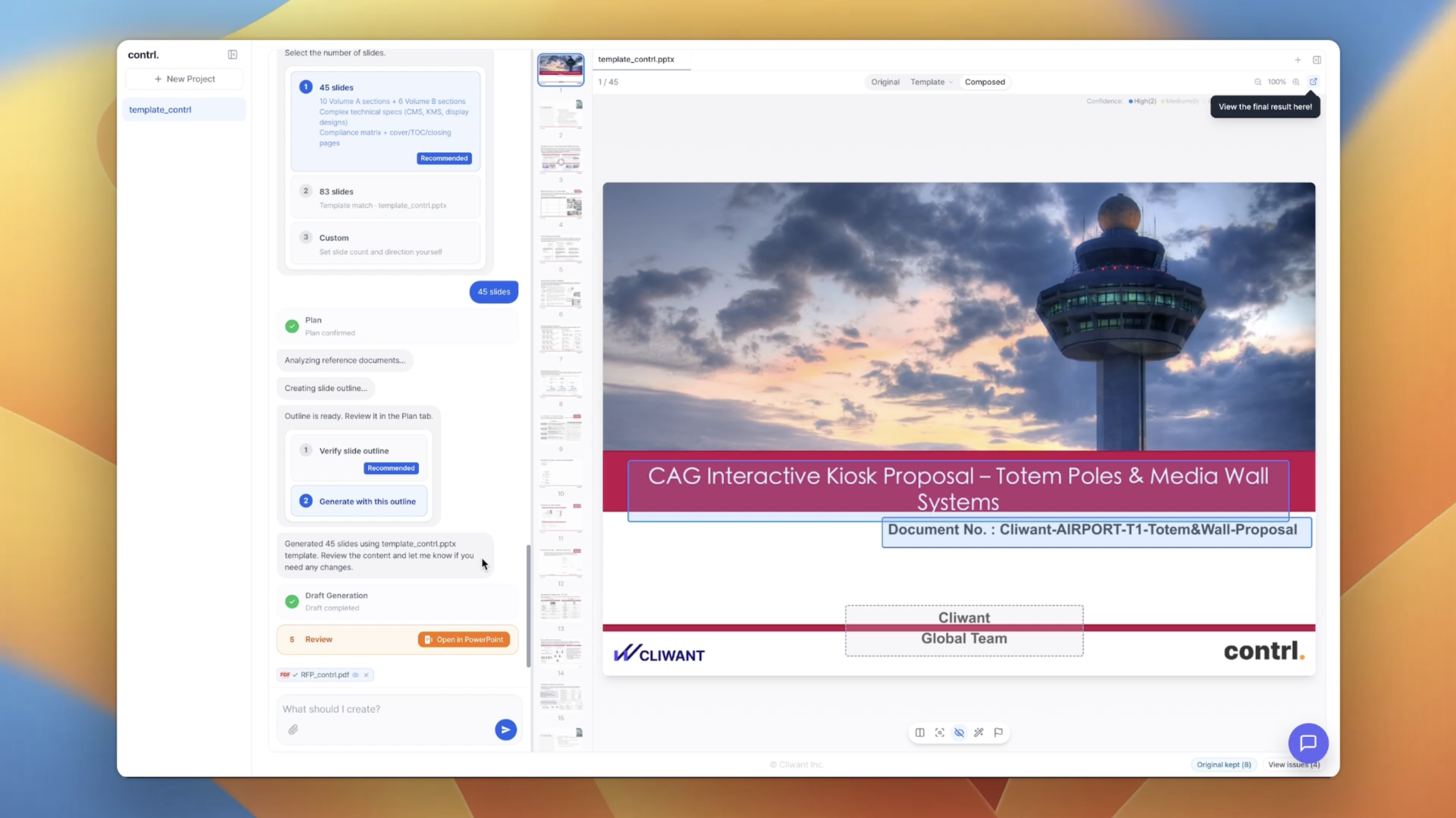 contrl AI PPT 제안서 생성 결과 - 우리 회사 PPT 템플릿 양식 그대로 45슬라이드 제안서 초안이 자동 작성된 화면. AI-generated proposal draft using company's own PowerPoint template with format preservation.